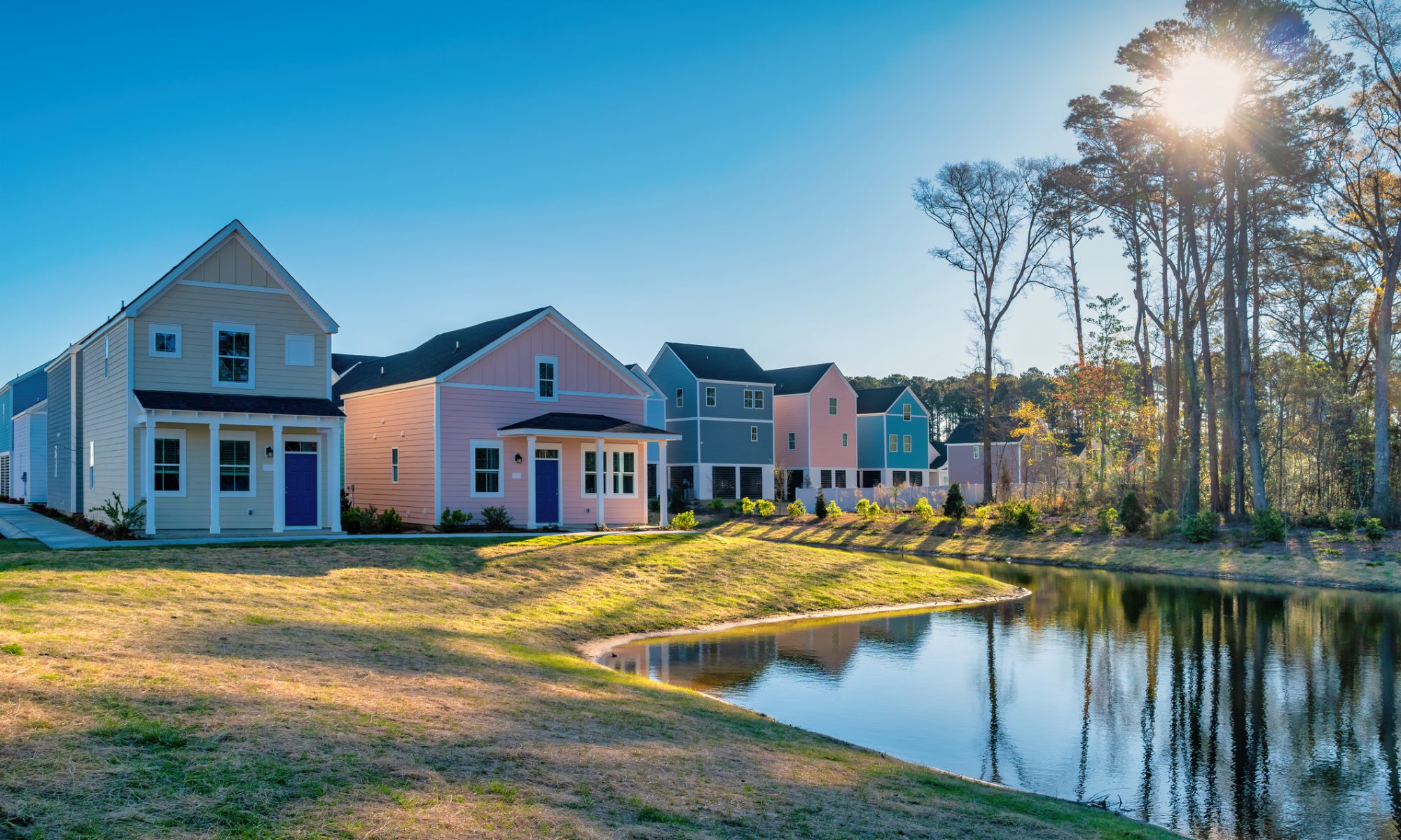 New detached houses in a residential district in Myrtle Beach, South Carolina, USA on a sunny day.