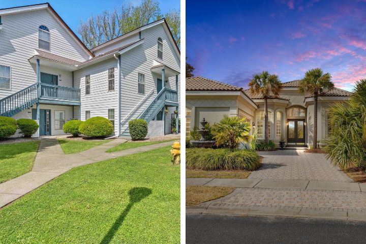 Outside of Condo Building in Little River, SC on the left side with beige siding and blue railings with doors, green grass and right side picture shows a beach house in North Myrtle Beach with palm trees and a cotton candy color sky
