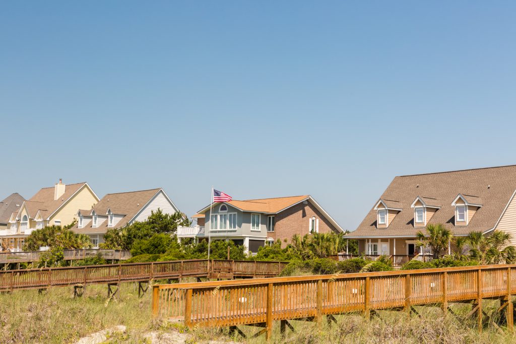Typical summer day in Myrtle Beach showing beach homes
